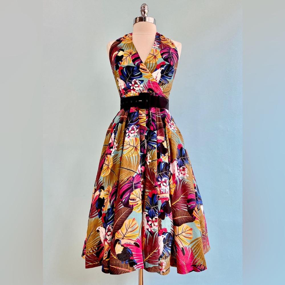 Unique Vintage Tropical Birds and Plants Halter Dress
